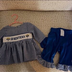 Go Kentucky Blue Gingham Smocked Top with Royal Blue Ruffle Pants
